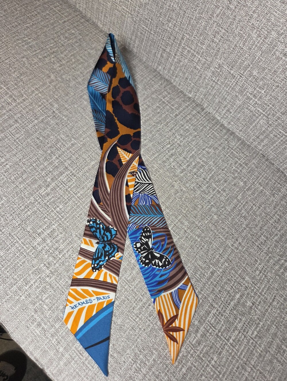 Authentic HERMES Silk Scarf Twilly Butterfly Brown Blue Orange